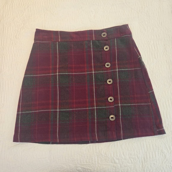 Aventura‎ Plaid Flannel Skirt Button Front 100% Cotton Maroon Burgandy 10 - Picture 1 of 13